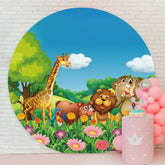 Aperturee - Blue Sky And Cute Animals Round Birthday Party Backdrop